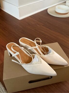 Bared Footwear Lace-Trim Pointed Slingback Heels in Cream